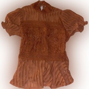 Haute Monde Burnt Orange Blouse, Lace Embellishments, Size M